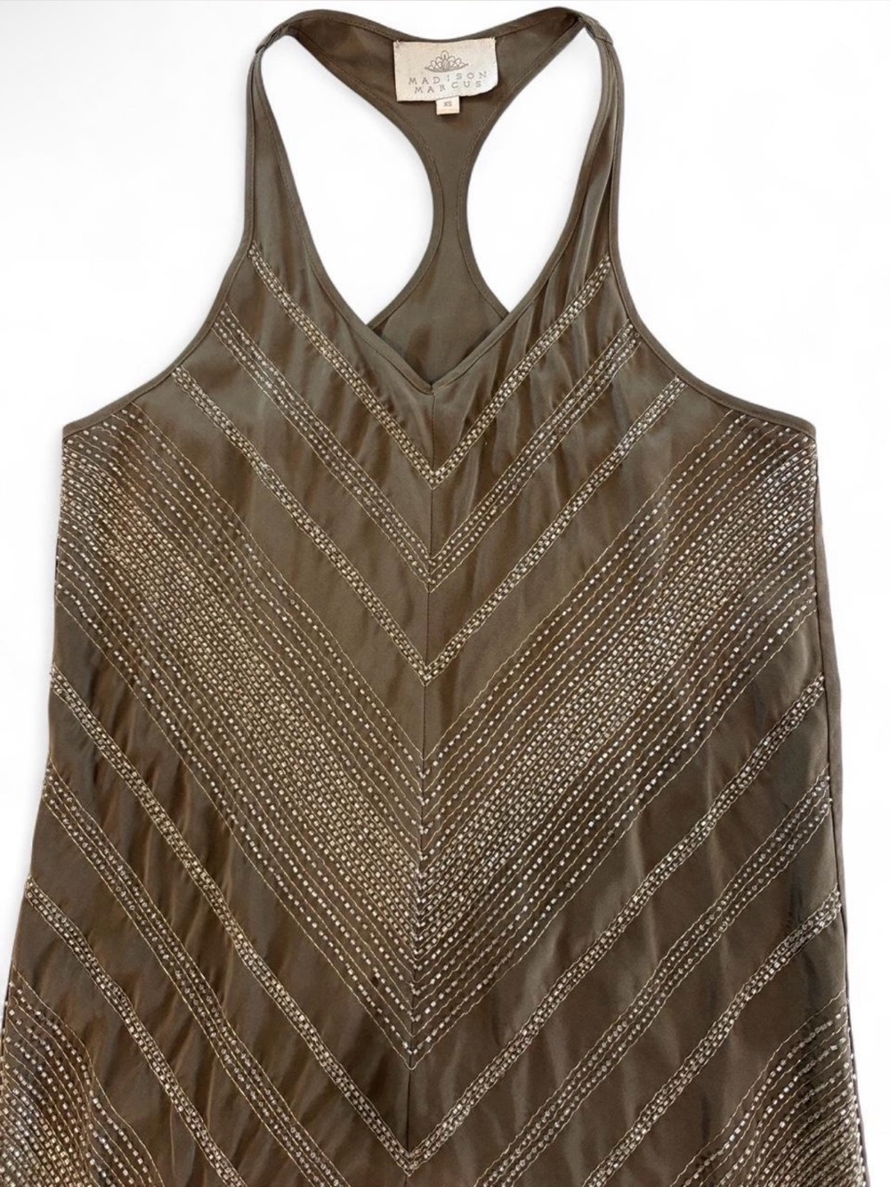 Madison Marcus Olive Beaded V-Neck Racerback Mini Dress Tunic 100% Silk